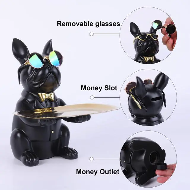 Alt view image 2 of 7 - French Bulldog Gifts Key Holder Candy Dish Tray Home Decor Resin Butler Statue Key Bowl Entryway Table Frenchie Dog Sculpture Dining Table Decor Office Small Object Tray (Black)