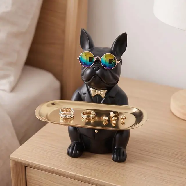 Alt view image 3 of 7 - French Bulldog Gifts Key Holder Candy Dish Tray Home Decor Resin Butler Statue Key Bowl Entryway Table Frenchie Dog Sculpture Dining Table Decor Office Small Object Tray (Black)