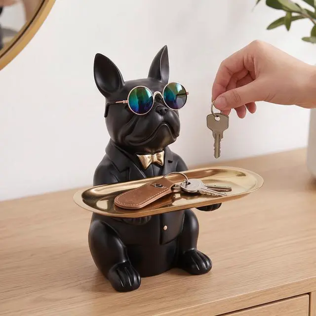 Alt view image 5 of 7 - French Bulldog Gifts Key Holder Candy Dish Tray Home Decor Resin Butler Statue Key Bowl Entryway Table Frenchie Dog Sculpture Dining Table Decor Office Small Object Tray (Black)