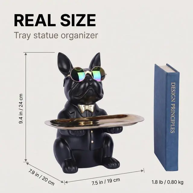 Alt view image 4 of 7 - French Bulldog Gifts Key Holder Candy Dish Tray Home Decor Resin Butler Statue Key Bowl Entryway Table Frenchie Dog Sculpture Dining Table Decor Office Small Object Tray (Black)