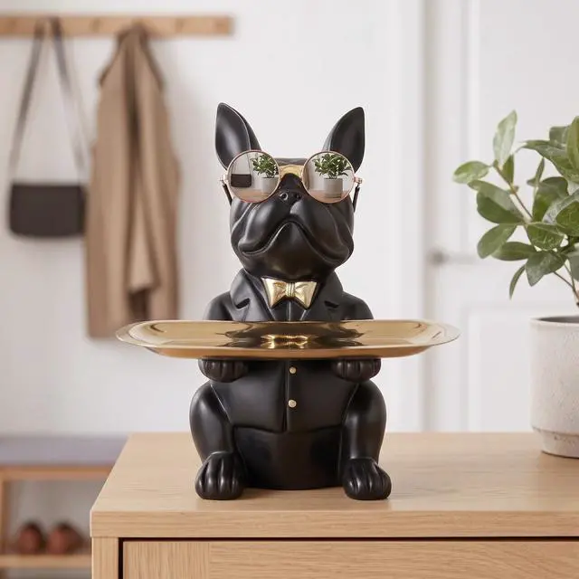 Alt view image 7 of 7 - French Bulldog Gifts Key Holder Candy Dish Tray Home Decor Resin Butler Statue Key Bowl Entryway Table Frenchie Dog Sculpture Dining Table Decor Office Small Object Tray (Black)