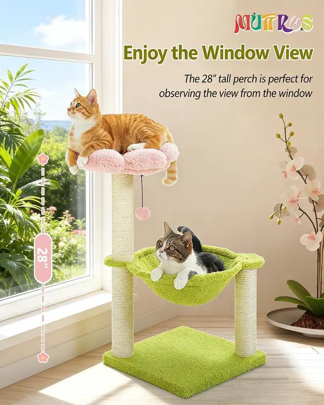 Alt view image 2 of 7 - Flower Cat Tree, 28" Cat Tower with Cozy Flower Perch, Large Hammock for Indoor Small Cats, Cute Cat Tree with Sisal Scratching Post and Fur Toy Ball for Kittens, Pink