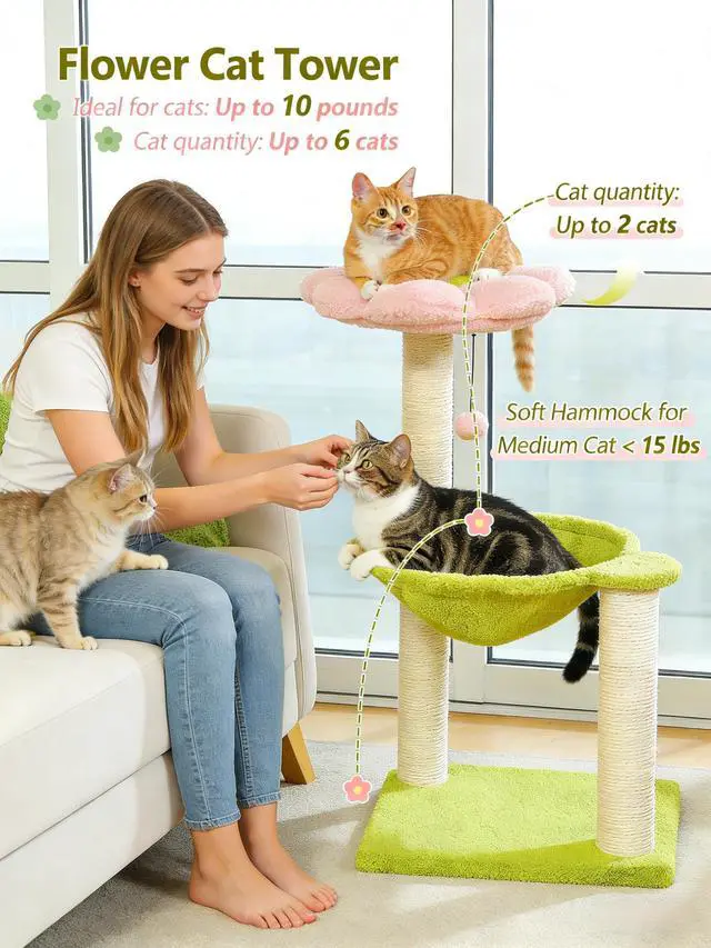 Alt view image 3 of 7 - Flower Cat Tree, 28" Cat Tower with Cozy Flower Perch, Large Hammock for Indoor Small Cats, Cute Cat Tree with Sisal Scratching Post and Fur Toy Ball for Kittens, Pink