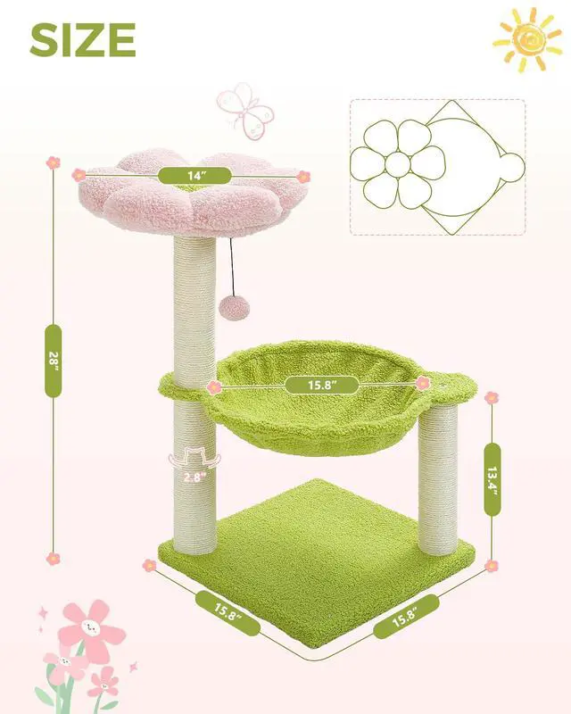 Alt view image 4 of 7 - Flower Cat Tree, 28" Cat Tower with Cozy Flower Perch, Large Hammock for Indoor Small Cats, Cute Cat Tree with Sisal Scratching Post and Fur Toy Ball for Kittens, Pink
