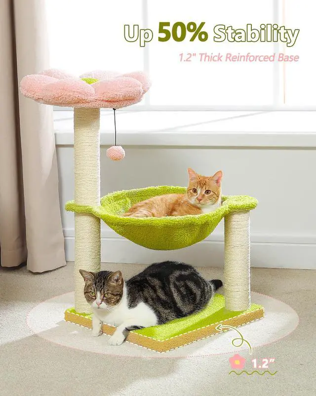 Alt view image 5 of 7 - Flower Cat Tree, 28" Cat Tower with Cozy Flower Perch, Large Hammock for Indoor Small Cats, Cute Cat Tree with Sisal Scratching Post and Fur Toy Ball for Kittens, Pink