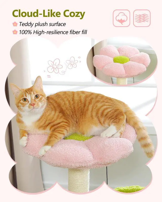 Alt view image 7 of 7 - Flower Cat Tree, 28" Cat Tower with Cozy Flower Perch, Large Hammock for Indoor Small Cats, Cute Cat Tree with Sisal Scratching Post and Fur Toy Ball for Kittens, Pink