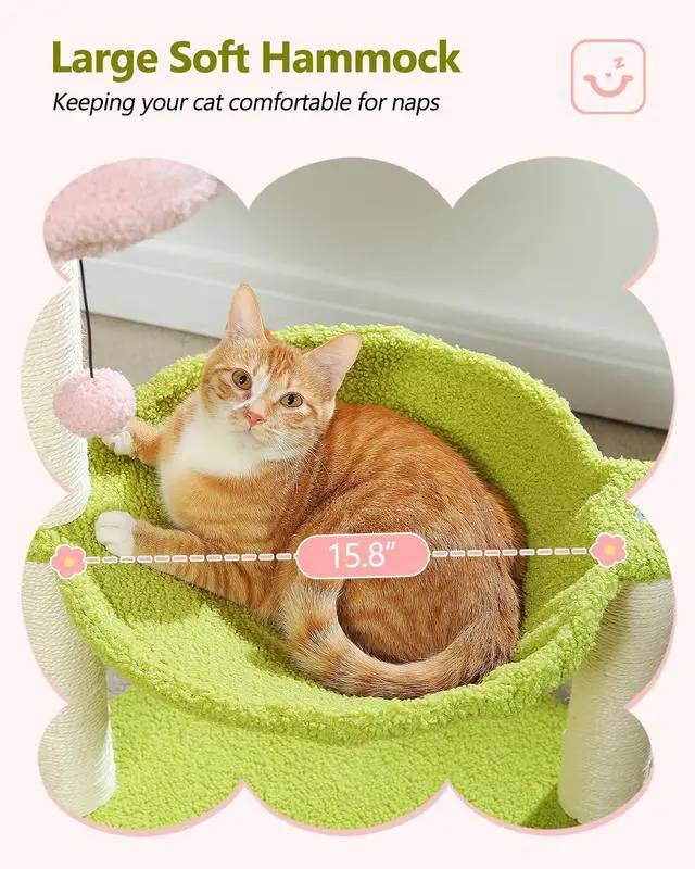 Alt view image 6 of 7 - Flower Cat Tree, 28" Cat Tower with Cozy Flower Perch, Large Hammock for Indoor Small Cats, Cute Cat Tree with Sisal Scratching Post and Fur Toy Ball for Kittens, Pink
