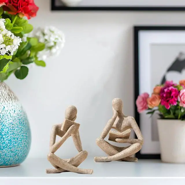 Alt view image 4 of 7 - Reading Thinker Statue, Sculptures Abstract Art Ornament, Modern Aesthetic Figurine Decoration Set of 2 Status for Home Living Room Bedroom Office Shelf Table Desk Bookshelf Decor (Sandstone)
