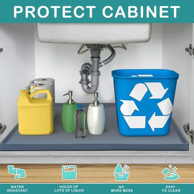 Alt view image 2 of 6 - Waterproof Silicone Under Sink Mat 31'' x 22'' Shelf Liner for Kitchen and Bathroom, Cabinet and Counter Protector, Storage and Organizers, Litter Mat, Pet Cat Puppy Essentials(Dark Grey)