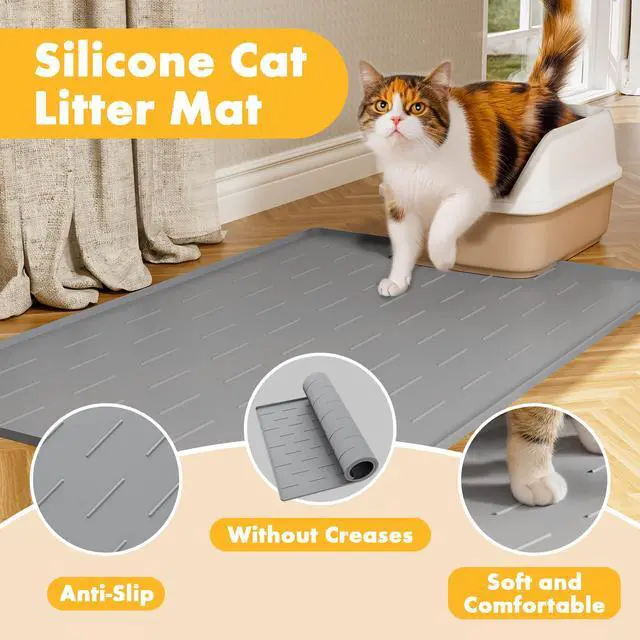 Alt view image 4 of 7 - Silicone Cat Litter Trapping Mat, 34''x22'' Large Cat Litter Mat, Easy to Clean & Soft on Kitty Paws, Waterproof Kitty Litter Pads for Indoor Cats, Light Grey