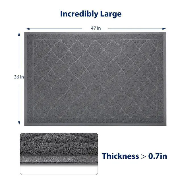 Alt view image 2 of 7 - Cat Litter Box Mat, Kitty Premium PVC Pad, Durable Trapping Rug, Phthalate Free, Urine-Resistant, Scatter Control, XXL 47 x 36 Inch, Grey