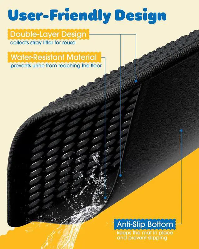 Alt view image 5 of 6 - Cat Litter Mat - 30'' x 24'' Large Litter Trapping Mat, Easy to Clean Litter Box Mat, Waterproof, Urine-Proof, Non-Slip, Cat Toilet Training Systems Accessories, Black