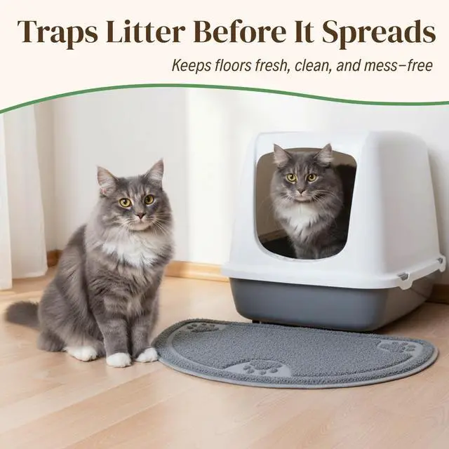 Alt view image 2 of 7 - Cat Litter Mat Traps Litter & Mess from Box, Absorbent Urine-Proof & Waterproof Floor Protection, Soft on Paws, Non-Slip, Easy Clean, Machine Washable, Unscented, Gray, Small