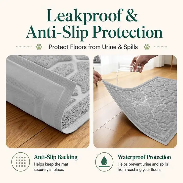 Alt view image 3 of 7 - Cat Litter Mat, Easy Clean Trapping PVC Mat with Waterproof Backing and Non Slip Bottom, Scatter Control Pad for Litter Box, 24"x20", Grey