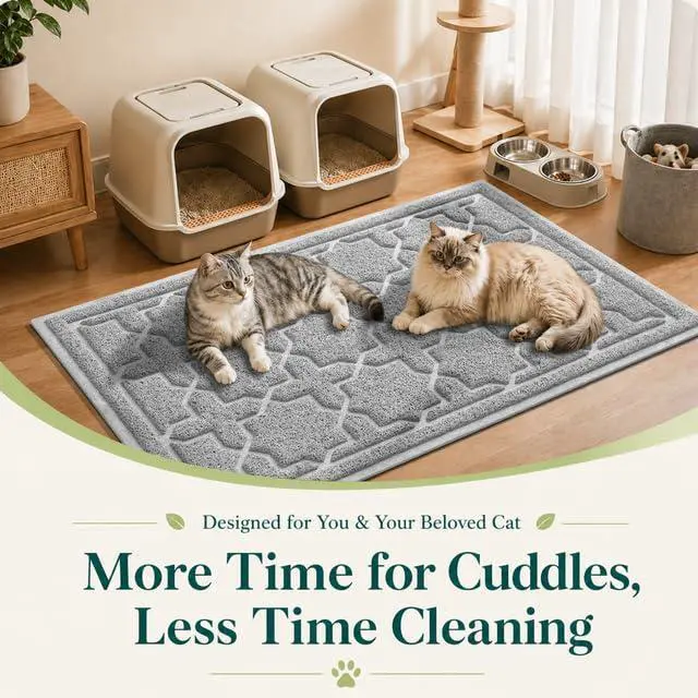 Alt view image 7 of 7 - Cat Litter Mat, Easy Clean Trapping PVC Mat with Waterproof Backing and Non Slip Bottom, Scatter Control Pad for Litter Box, 24"x20", Grey