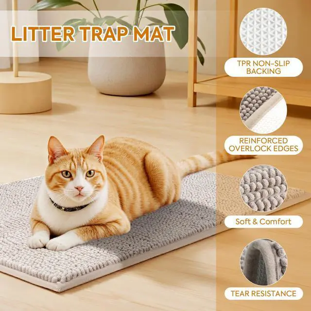 Alt view image 3 of 7 - Chenille Cat Litter Mat for Litter Box, 28"x22" Soft Ultra Absorbent Mat, Waterproof & Non-Slip, Easy to Clean Litter Trapping Mat for Indoor Cats, Gray
