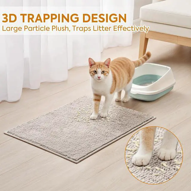 Alt view image 2 of 7 - Chenille Cat Litter Mat for Litter Box, 28"x22" Soft Ultra Absorbent Mat, Waterproof & Non-Slip, Easy to Clean Litter Trapping Mat for Indoor Cats, Gray