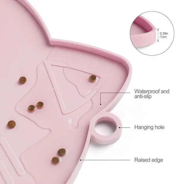 Alt view image 3 of 7 - Cat Food & Water Mat, Thicker Non-Slip Silicone Mat with Raised Edge (Pink, Medium)