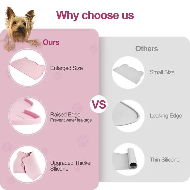 Alt view image 5 of 7 - Cat Food & Water Mat, Thicker Non-Slip Silicone Mat with Raised Edge (Pink, Medium)