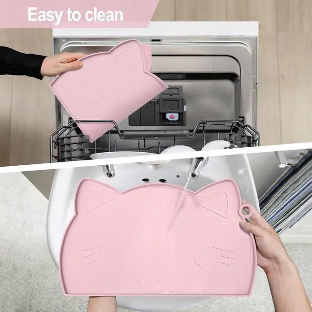 Alt view image 6 of 7 - Cat Food & Water Mat, Thicker Non-Slip Silicone Mat with Raised Edge (Pink, Medium)