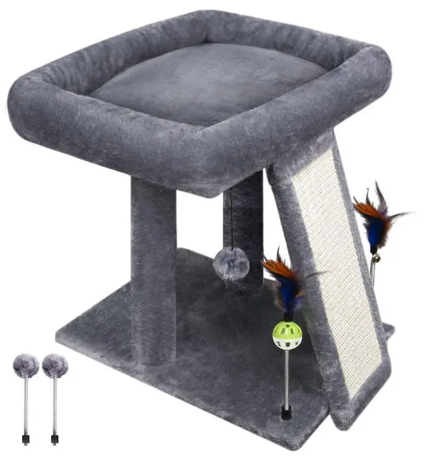 Alt view image 3 of 6 - Cat Tree Tower with Cat Scratching Post for Indoor Cats, Activity Centre Climbing Tree with Scratching Board and Playful Toy Balls, Grey