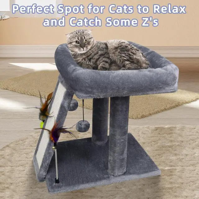 Alt view image 6 of 6 - Cat Tree Tower with Cat Scratching Post for Indoor Cats, Activity Centre Climbing Tree with Scratching Board and Playful Toy Balls, Grey