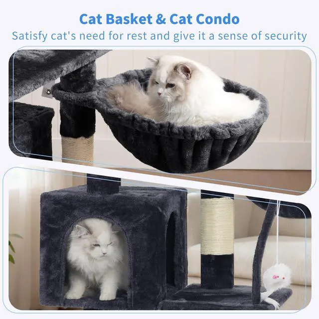 Alt view image 3 of 7 - Cat Tree with Toy, 43.3 inch Cat Tower condo for Indoor Cats, Cat House with Padded Plush Perch, Cozy Hammock and Sisal Scratching Posts, Smoky Gray HCT004SG