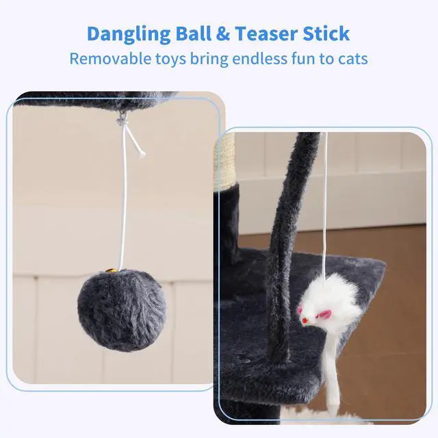 Alt view image 4 of 7 - Cat Tree with Toy, 43.3 inch Cat Tower condo for Indoor Cats, Cat House with Padded Plush Perch, Cozy Hammock and Sisal Scratching Posts, Smoky Gray HCT004SG