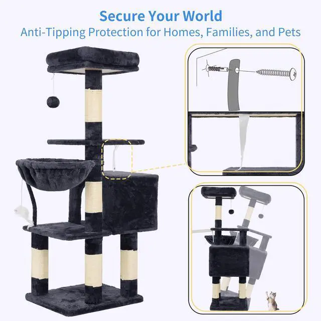 Alt view image 6 of 7 - Cat Tree with Toy, 43.3 inch Cat Tower condo for Indoor Cats, Cat House with Padded Plush Perch, Cozy Hammock and Sisal Scratching Posts, Smoky Gray HCT004SG