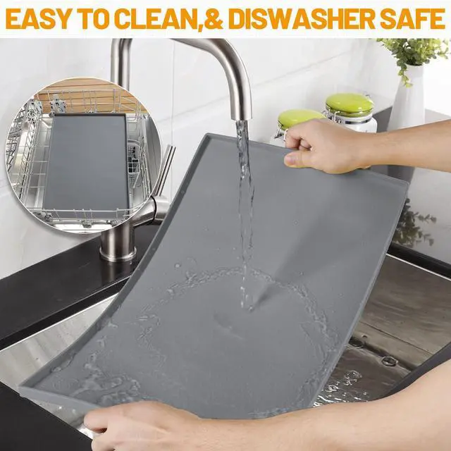 Alt view image 7 of 7 - Dog Feeding Mat,100% Waterproof BPA Free Silicone Pet Food and Water Bowl Placemat,Dishwasher, High Raised Edge to Prevent Spills,Nonslip Tray to Stop Messes on Floor (19"x12"x0.5", Grey)
