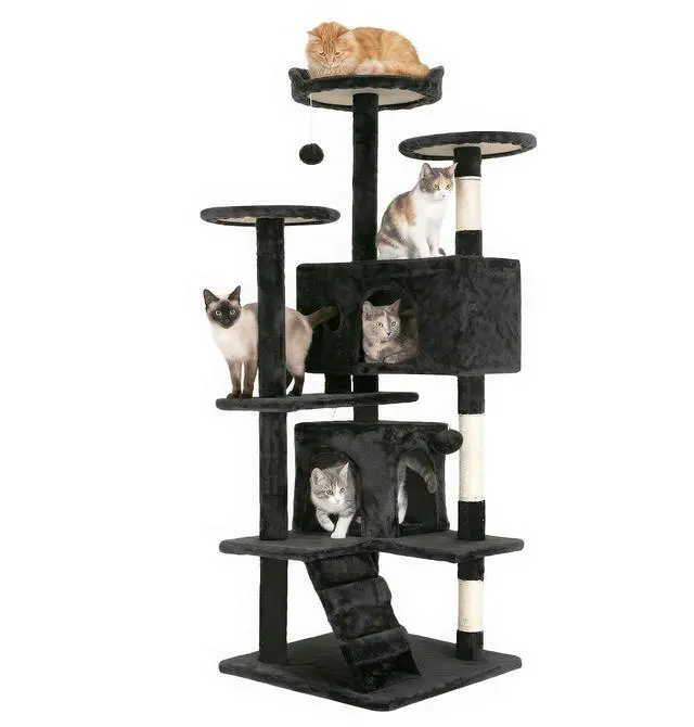 Main image of | 54" Cat Tree Tower | Dark Gray | Multi-Level Indoor Activity Center with Sisal Scratching Posts, Condos, Plush Perches, Hanging Cat Toys | Sturdy, Easy to Assemble | for Kittens & Adult Cats