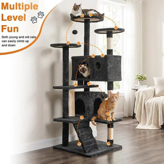 Alt view image 2 of 7 - | 54" Cat Tree Tower | Dark Gray | Multi-Level Indoor Activity Center with Sisal Scratching Posts, Condos, Plush Perches, Hanging Cat Toys | Sturdy, Easy to Assemble | for Kittens & Adult Cats