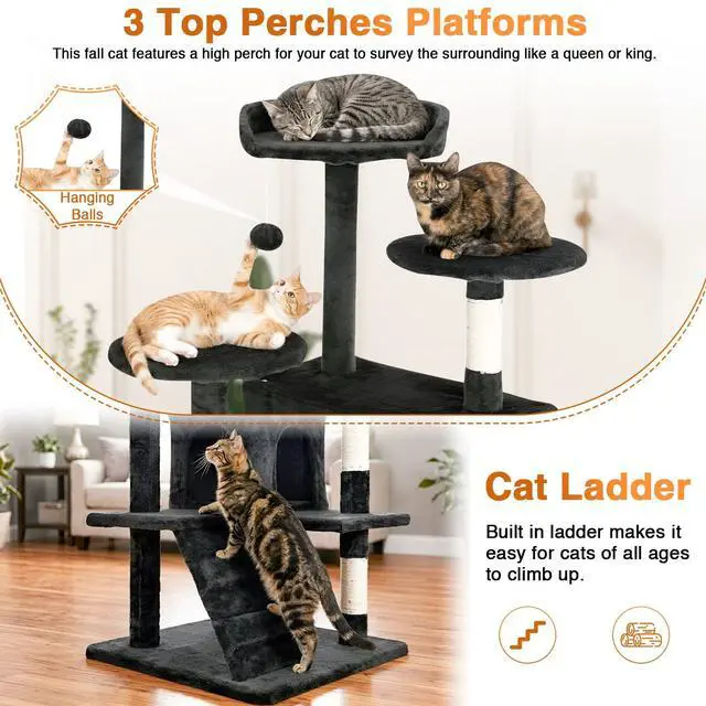 Alt view image 4 of 7 - | 54" Cat Tree Tower | Dark Gray | Multi-Level Indoor Activity Center with Sisal Scratching Posts, Condos, Plush Perches, Hanging Cat Toys | Sturdy, Easy to Assemble | for Kittens & Adult Cats