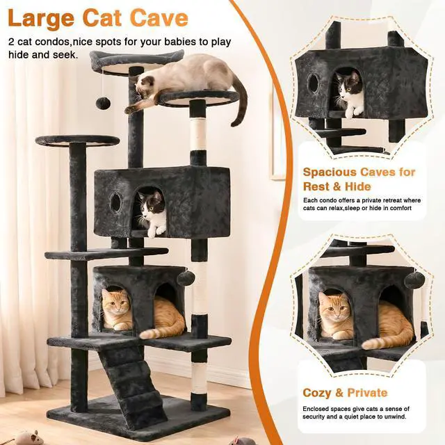 Alt view image 5 of 7 - | 54" Cat Tree Tower | Dark Gray | Multi-Level Indoor Activity Center with Sisal Scratching Posts, Condos, Plush Perches, Hanging Cat Toys | Sturdy, Easy to Assemble | for Kittens & Adult Cats