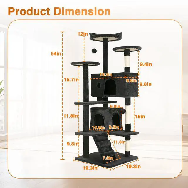 Alt view image 6 of 7 - | 54" Cat Tree Tower | Dark Gray | Multi-Level Indoor Activity Center with Sisal Scratching Posts, Condos, Plush Perches, Hanging Cat Toys | Sturdy, Easy to Assemble | for Kittens & Adult Cats