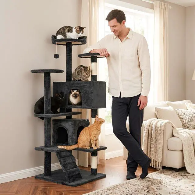 Alt view image 7 of 7 - | 54" Cat Tree Tower | Dark Gray | Multi-Level Indoor Activity Center with Sisal Scratching Posts, Condos, Plush Perches, Hanging Cat Toys | Sturdy, Easy to Assemble | for Kittens & Adult Cats