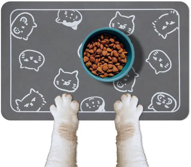 Main image of Cat Food Mat for Pet Dog Feeting Mats, Cat Mat for Food and Water, Non-Slip Super Absorbent, with Multiple cat Heads Logo18.1 x 11.8 inches, Dark Grey