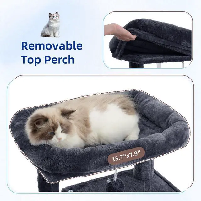 Alt view image 2 of 7 - Cat Tree, Cat Tower for Indoor Cats, 43.3 inch Cat Tree Tower with Sturdy Steel Tube, Hammock, Cat Condo for Small Cats and Kittens, Scratching Post, Smoky Gray GCT004SG
