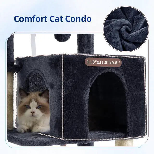 Alt view image 3 of 7 - Cat Tree, Cat Tower for Indoor Cats, 43.3 inch Cat Tree Tower with Sturdy Steel Tube, Hammock, Cat Condo for Small Cats and Kittens, Scratching Post, Smoky Gray GCT004SG