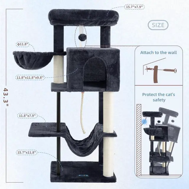 Alt view image 7 of 7 - Cat Tree, Cat Tower for Indoor Cats, 43.3 inch Cat Tree Tower with Sturdy Steel Tube, Hammock, Cat Condo for Small Cats and Kittens, Scratching Post, Smoky Gray GCT004SG
