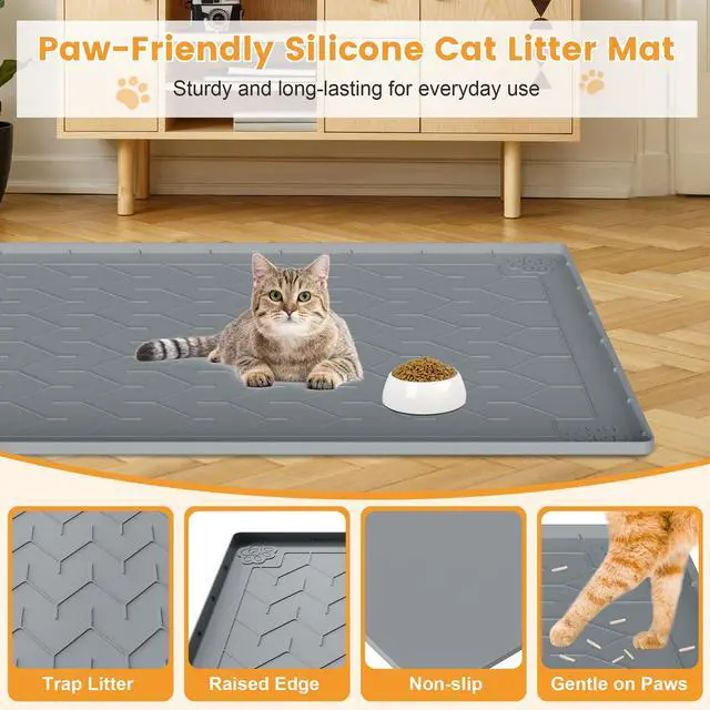 Alt view image 3 of 7 - Cat Litter Mat, Extra Large 40"x28" Silicone Mat for Litter Box, Waterproof & Non-Slip Rubber Mat with Lip, Litter Trapping & Scatter Control, Soft on Cat Paws, Urine-Proof Floor Protector