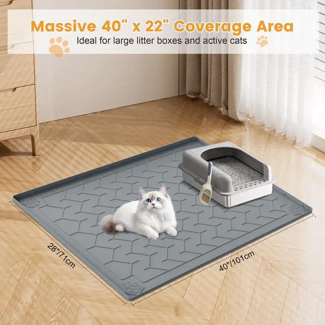 Alt view image 2 of 7 - Cat Litter Mat, Extra Large 40"x28" Silicone Mat for Litter Box, Waterproof & Non-Slip Rubber Mat with Lip, Litter Trapping & Scatter Control, Soft on Cat Paws, Urine-Proof Floor Protector