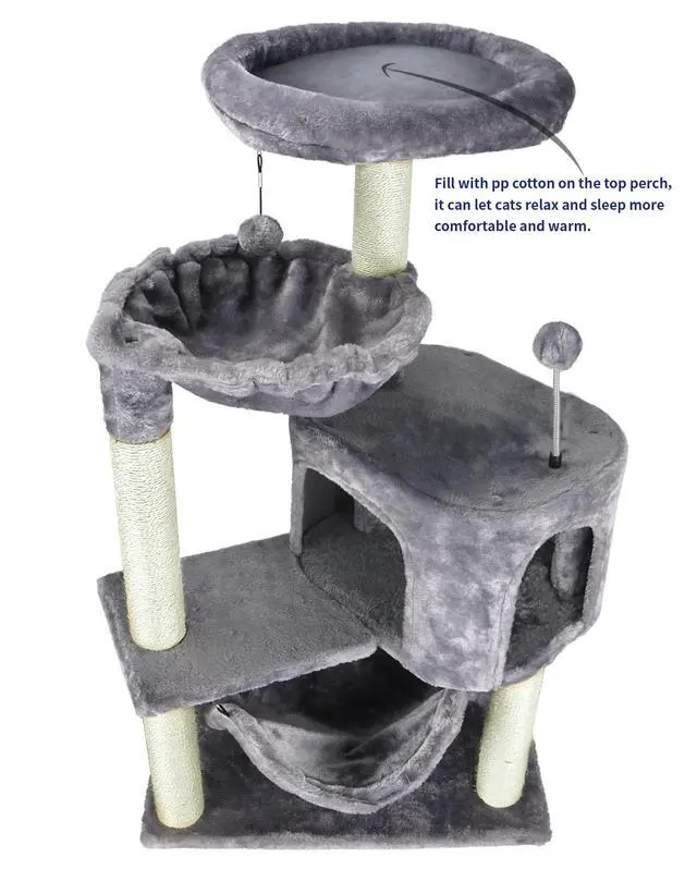 Alt view image 4 of 7 - Cat Tree with Cat Condo and Big Hammock, Grey
