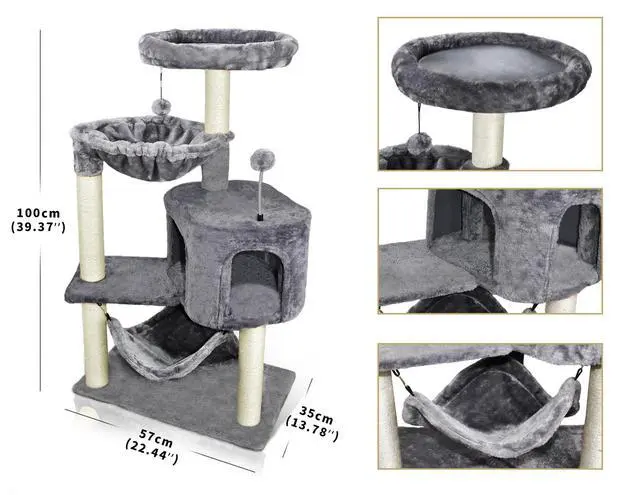 Alt view image 3 of 7 - Cat Tree with Cat Condo and Big Hammock, Grey