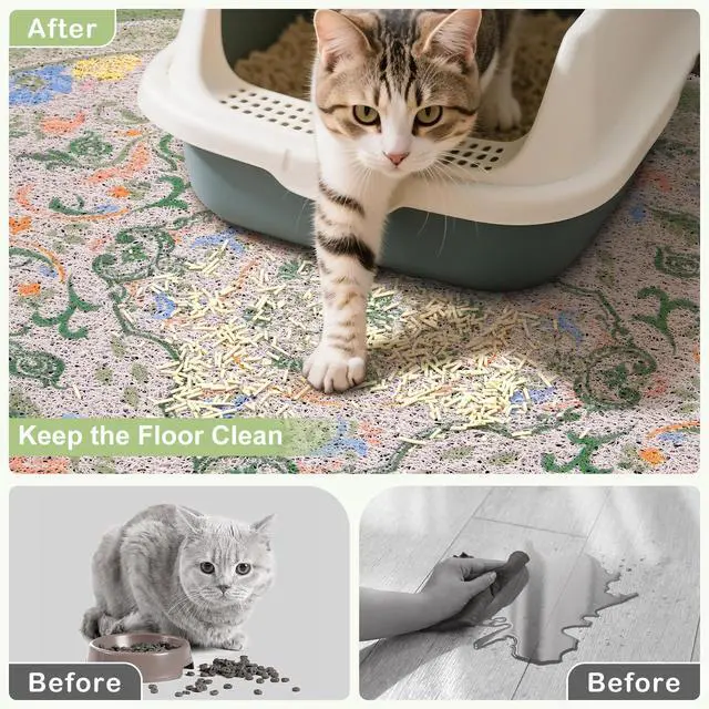 Alt view image 2 of 7 - Cat Litter Mat, 24" x 15" Litter Box Mat Rug with Non-Slip Bottom,Urine and Water Proof, Easy to Clean Cat Supplies Essentials for Indoor Kitty Kitten Floor, Bean-Green M