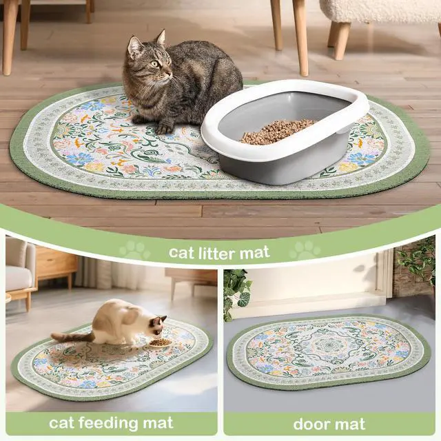 Alt view image 7 of 7 - Cat Litter Mat, 24" x 15" Litter Box Mat Rug with Non-Slip Bottom,Urine and Water Proof, Easy to Clean Cat Supplies Essentials for Indoor Kitty Kitten Floor, Bean-Green M