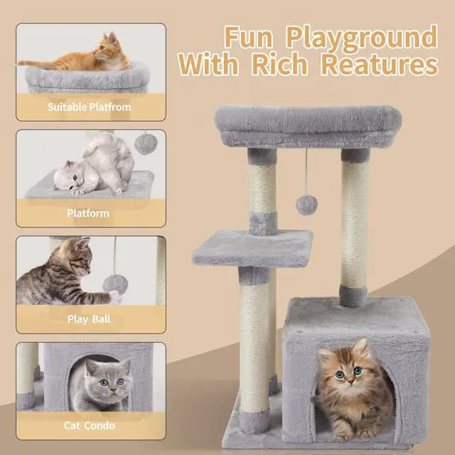 Alt view image 4 of 7 - Cute Cat Tree Kitten Cat Tower for Indoor Cat Condo Sisal Scratching Posts with Jump Platform Cat Furniture Activity Center Play House Grey