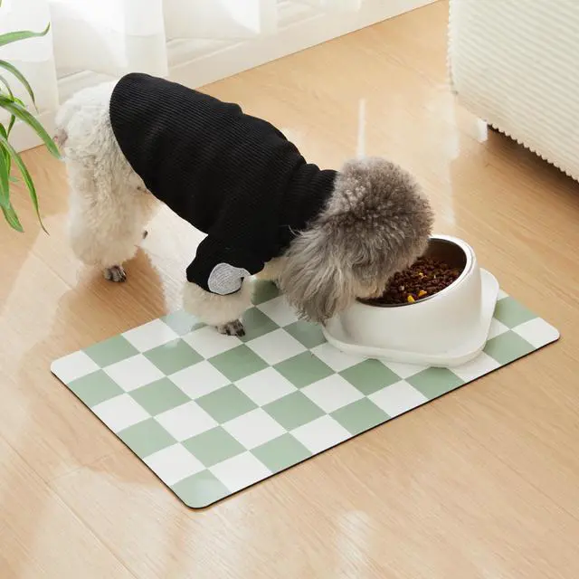 Alt view image 3 of 7 - Checkered Dog Feeding Mat, Absorbent Mats for Dog Food and Water Bowl, Dispenser, Retro Modern Aesthetic Sage Green Checkerboard Pet Placemat for Dogs, Cats, Puppy Accessories, 12" X19