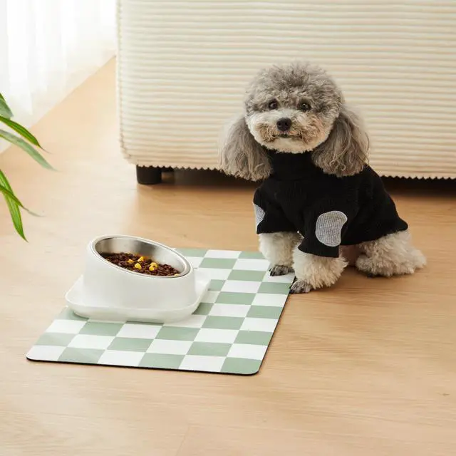 Alt view image 2 of 7 - Checkered Dog Feeding Mat, Absorbent Mats for Dog Food and Water Bowl, Dispenser, Retro Modern Aesthetic Sage Green Checkerboard Pet Placemat for Dogs, Cats, Puppy Accessories, 12" X19