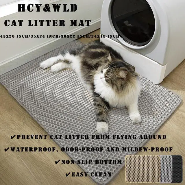 Alt view image 2 of 6 - Cat Litter Mat, 45x26/35x24/30x22/24x18 Inch Double Layer Cat Litter Box Mat, EVA Non-Slip, Waterproof Urine Proof Cat Litter Catcher Mat, Easy Clean Scatter Control (35x24 Inch, Khaki)